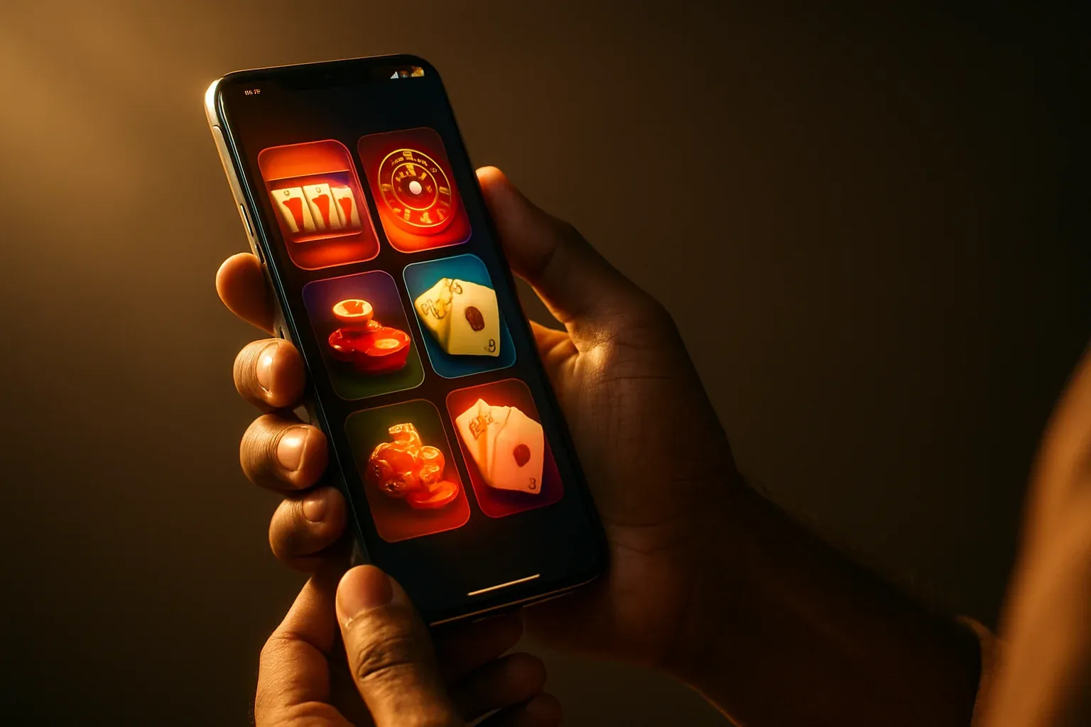 Premium Android smartphone held by Bangladeshi male hands with glowing app interface