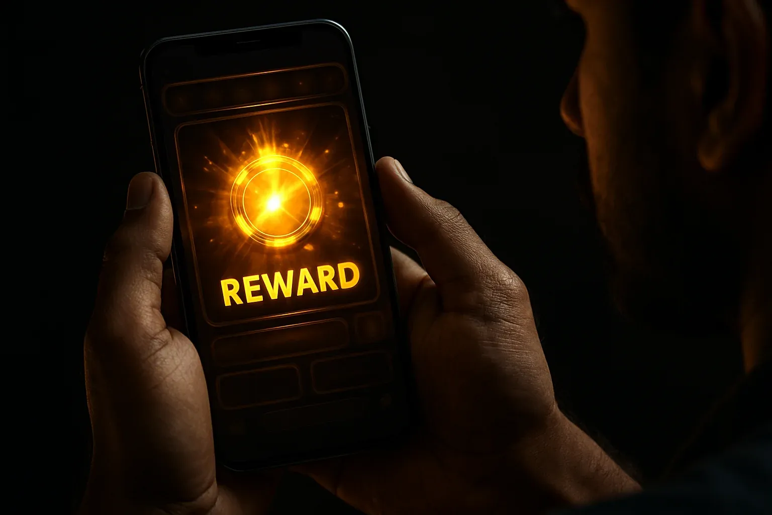 Bangladeshi man hands holding smartphone showing glowing golden reward animation