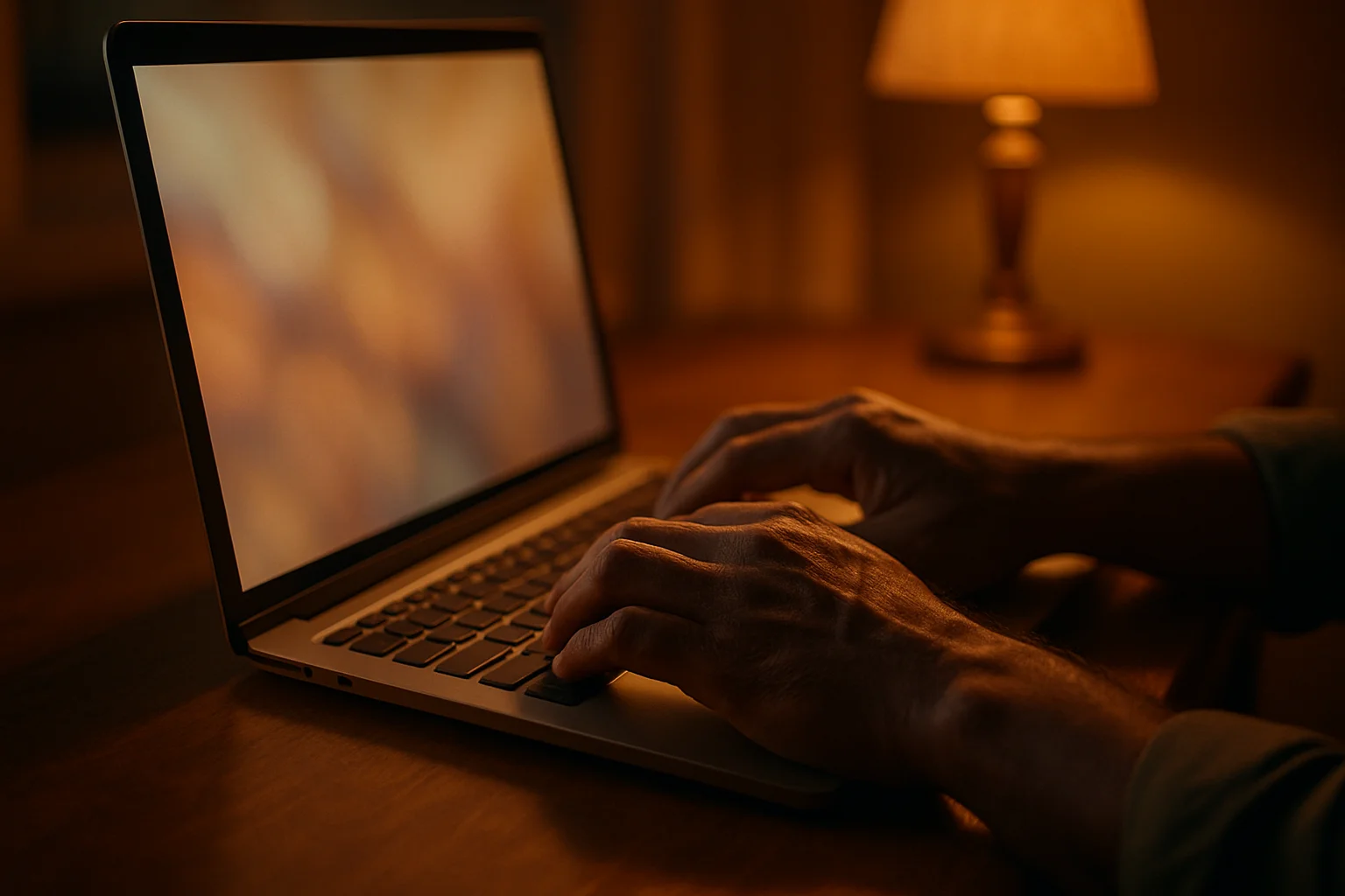 Cinematic close-up of Bangladeshi hands typing on laptop with warm glow