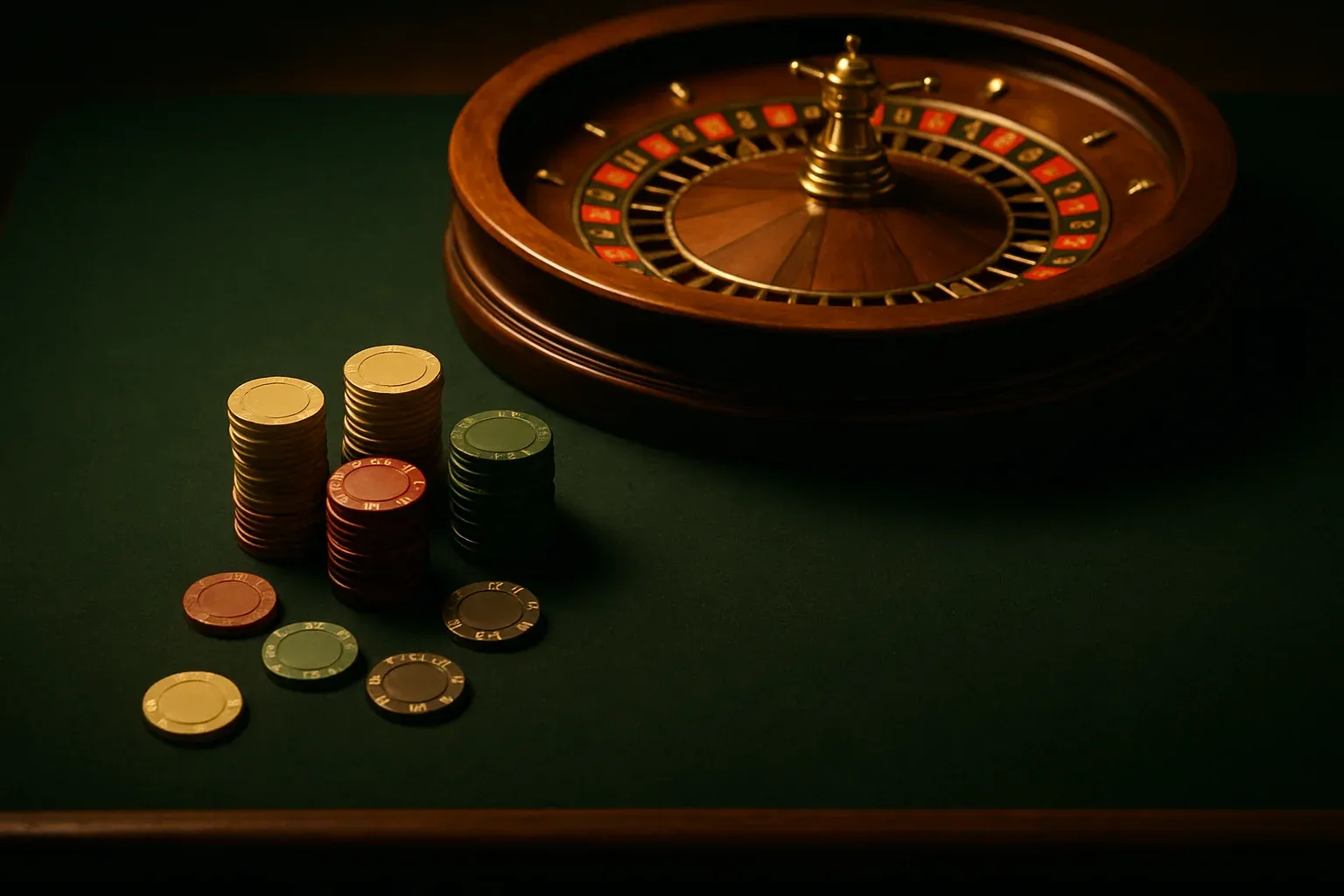 Ultra-realistic casino table with roulette wheel in soft focus and green felt