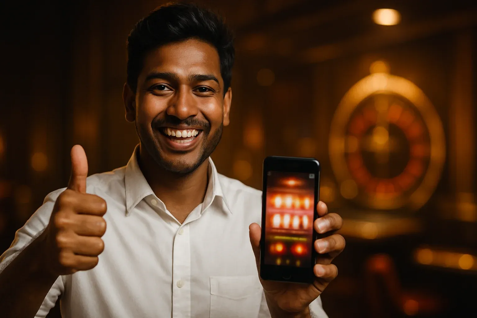 Grinning Bangladeshi man gives thumbs-up holding smartphone with glowing casino app
