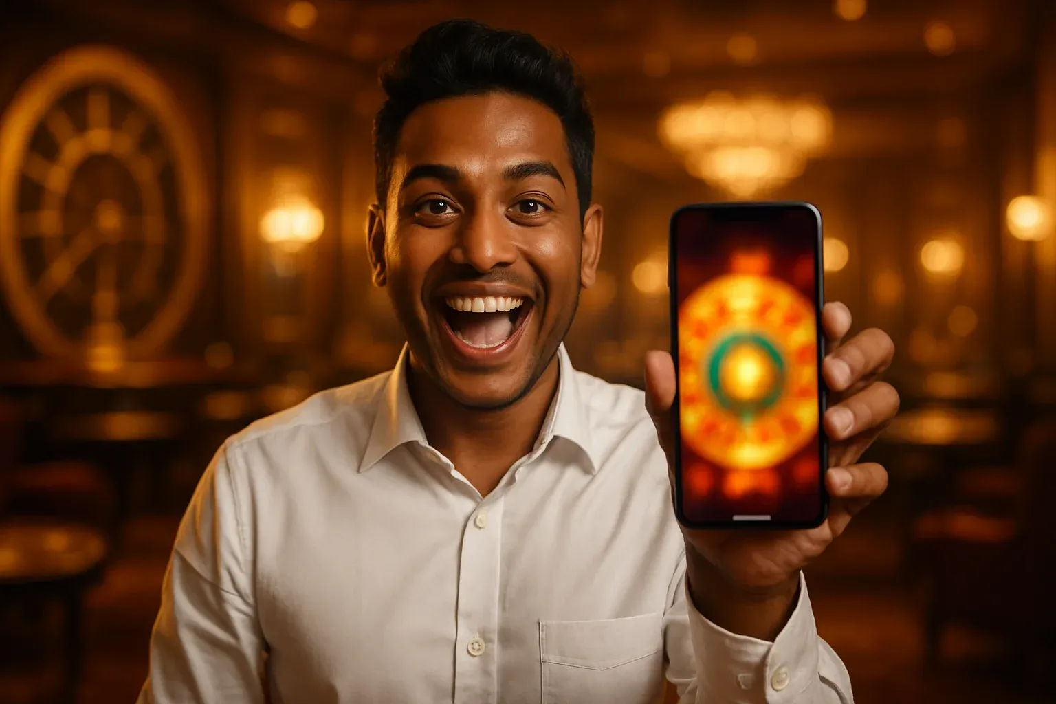 Excited young Bangladeshi man holding smartphone in blurred casino lounge