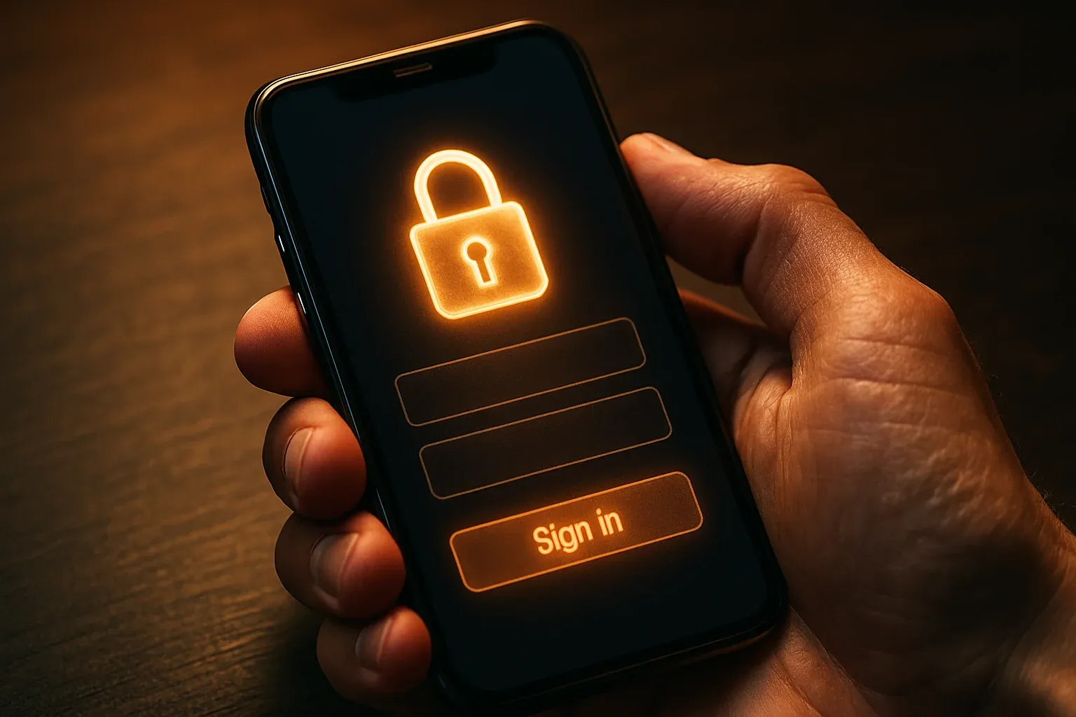 Macro photo of smartphone showing padlock login interface in hand