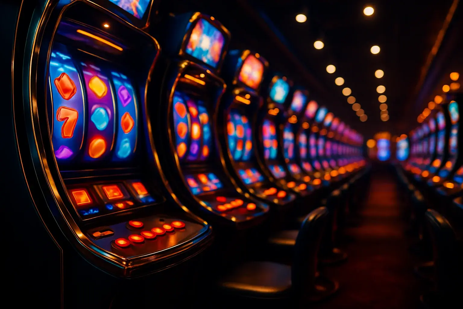 Cinematic wide shot of opulent slot machine hall with glowing cabinets